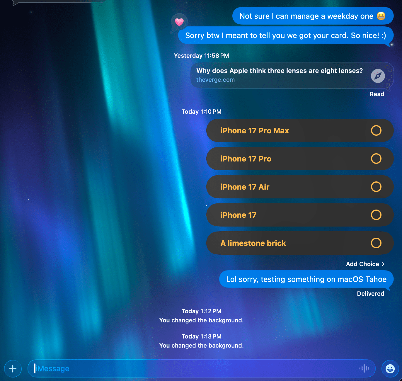 <em>Sending my friend a tough decision in a poll and setting the background to a pretty aurora.</em>